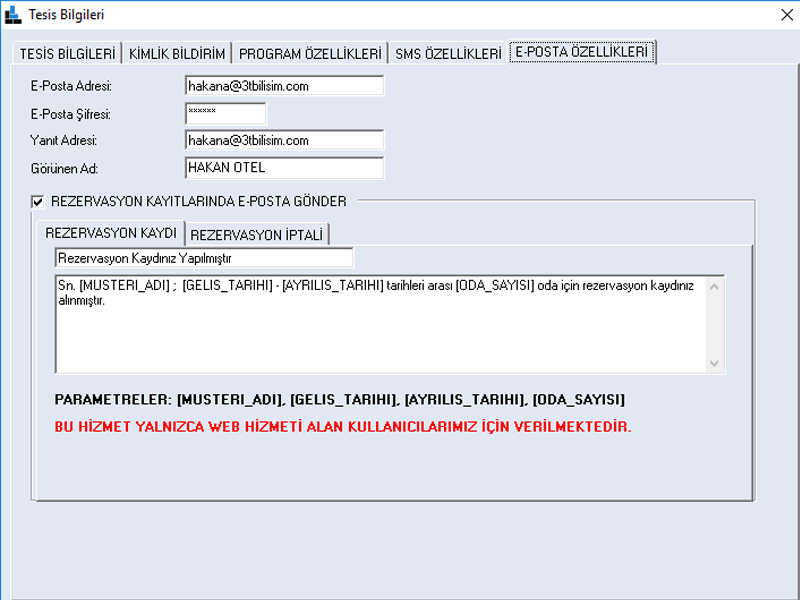 Otel SMS E-Posta Gönderimi